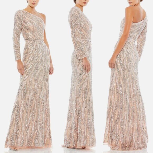MAC DUGGAL 4982 EMBELLISHED ONE SLEEVE W/ SEQUIN BELT ROSE GOLD GOWN  sz 14 - Picture 1 of 3